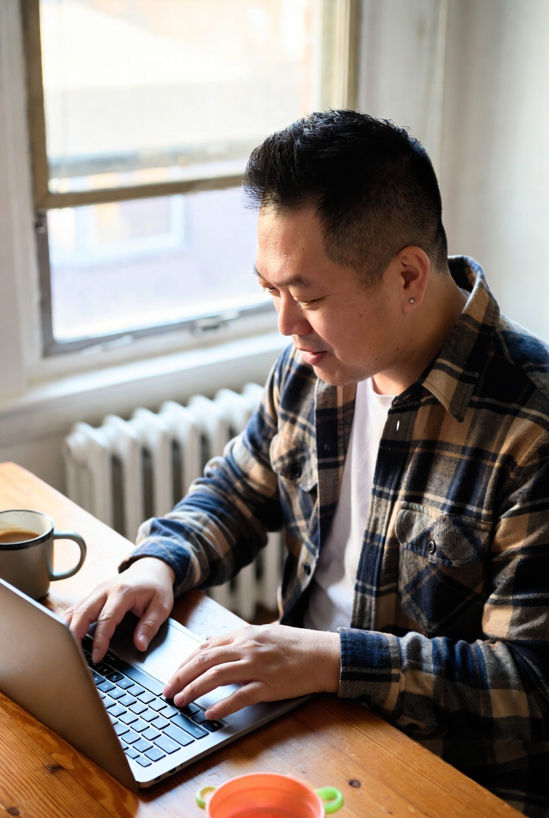 A faculty member at home with a laptop, beginning the Crucibl onboarding process — uploading their existing course materials