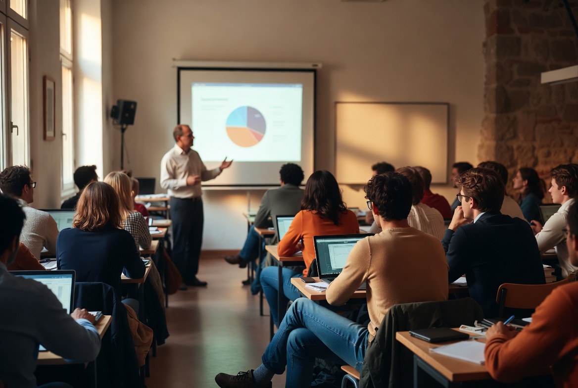 A small university classroom with a professor at the front gesturing toward a projection screen while students lean forward, some typing on laptops, some taking handwritten notes — what an AI-augmented course looks like in operation
