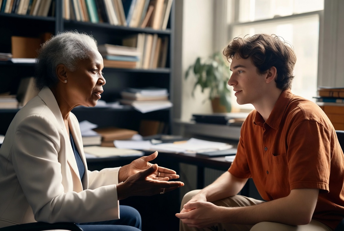 A faculty member and a student in a faculty office, mid-conversation — the mentorship moment Crucibl is built to scaffold