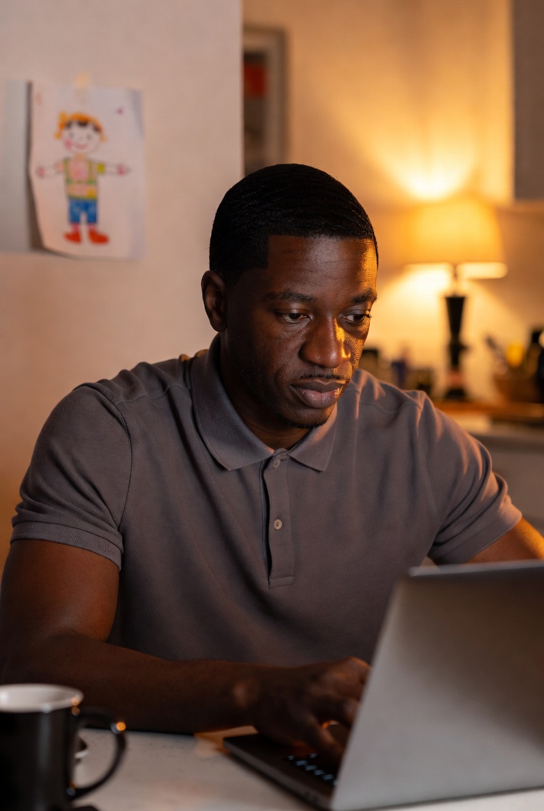 An adult learner working at a kitchen table with a laptop in evening lamp light — the career-motivated returning student profile that defines the academic segment