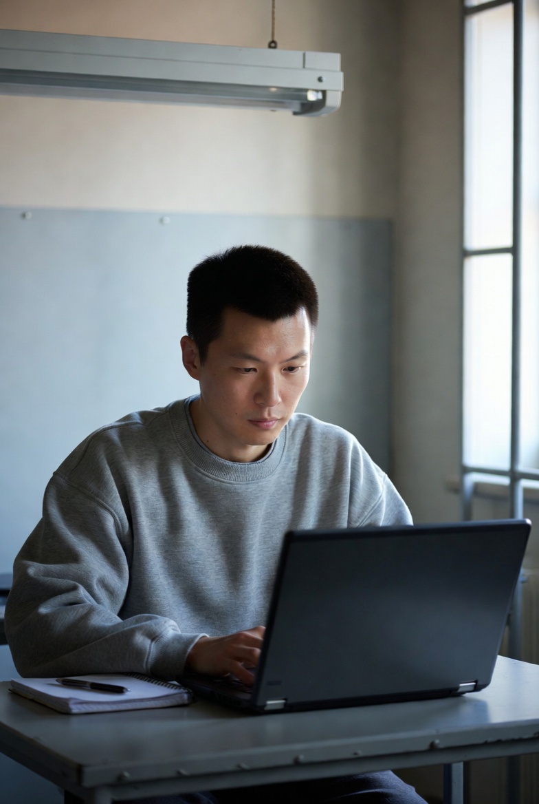 An adult student studying at a desk in a plain institutional study room — a Pell-eligible incarcerated learner engaging postsecondary coursework