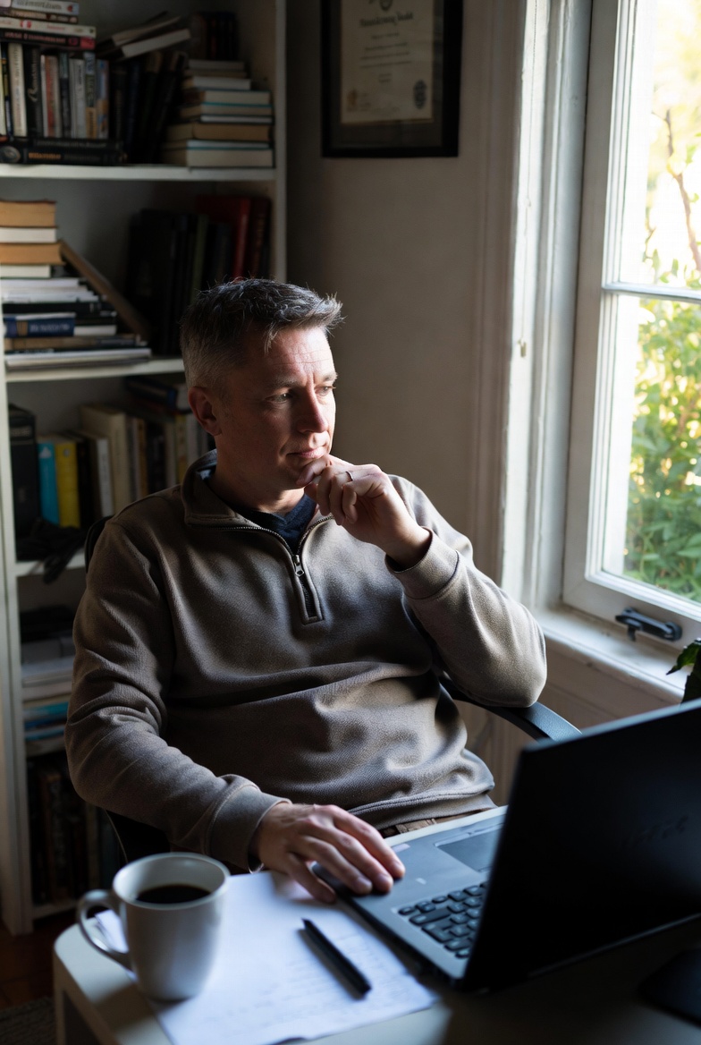 A mid-career professional working at a home-office desk with a laptop and printed notes — the corporate-education and continuing-credentialing learner