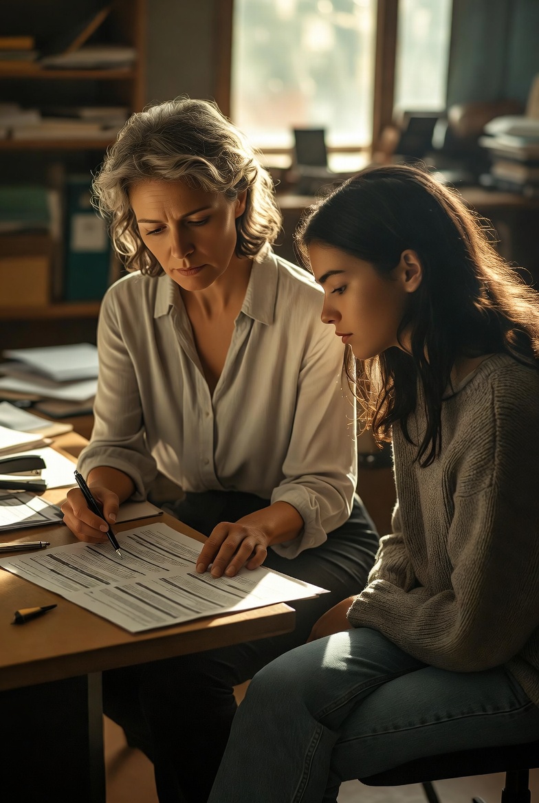 A faculty member and a student sitting side-by-side reviewing a printed audit trail PDF together, the faculty member pointing at a section of the document