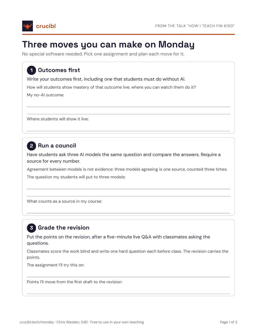 Preview of page 1 of the Monday Moves worksheet: the three moves, each with lines to fill in.